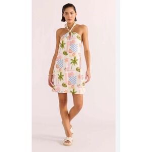 Minkpink Gracie Halter Dress NWT Med Ivory Tropical Fruit Print A-line Vacation